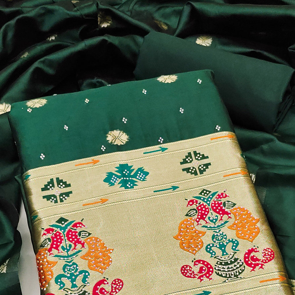 Green Floral Woven With Swarovski Work Banarasi Silk Dress Material