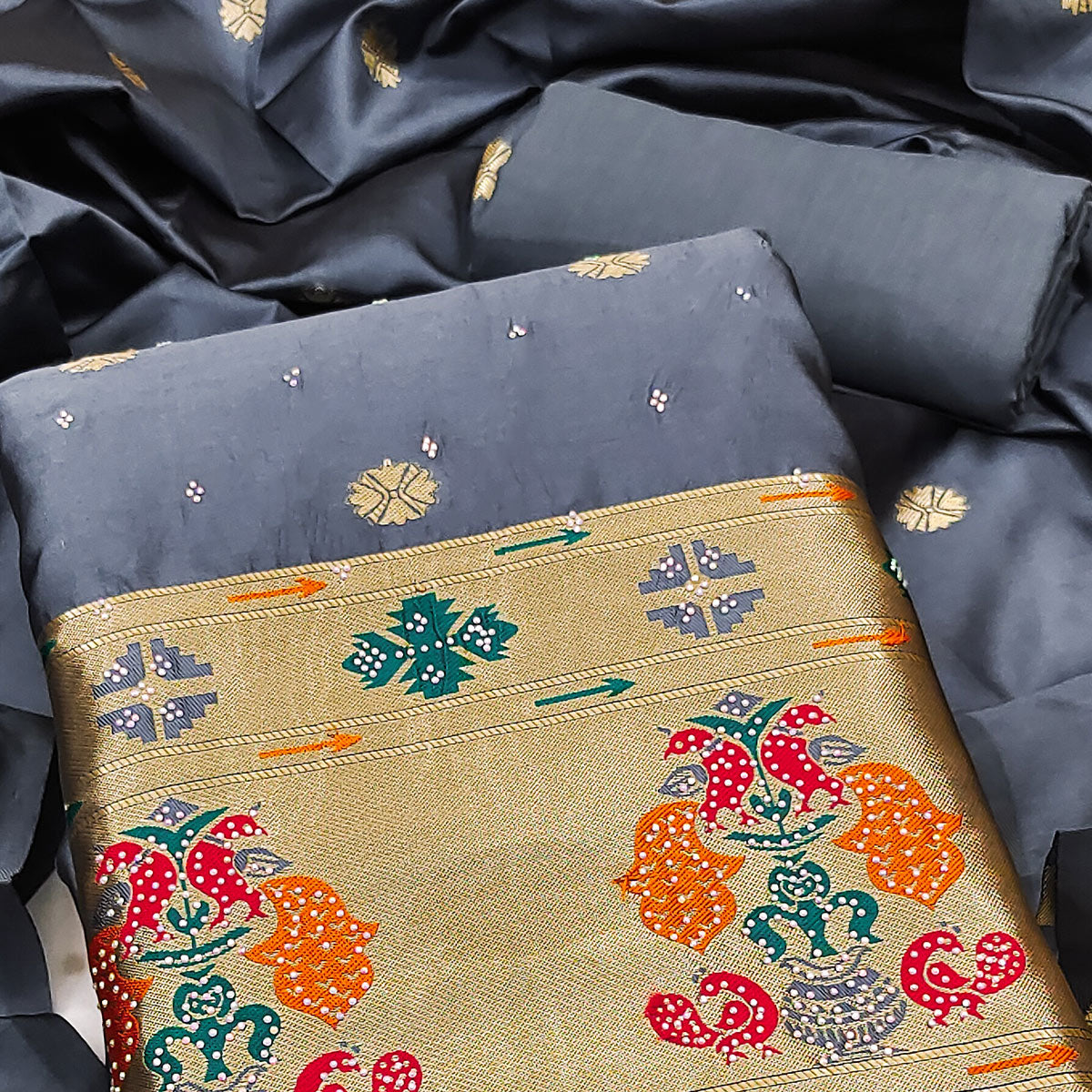 Grey Floral Woven With Swarovski Work Banarasi Silk Dress Material