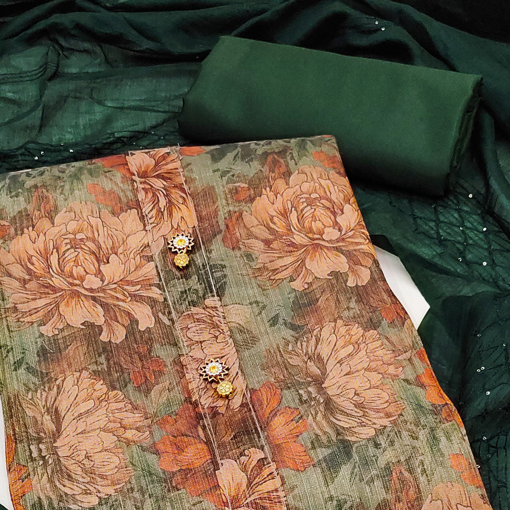 Green Floral Printed Cotton Silk Dress Material