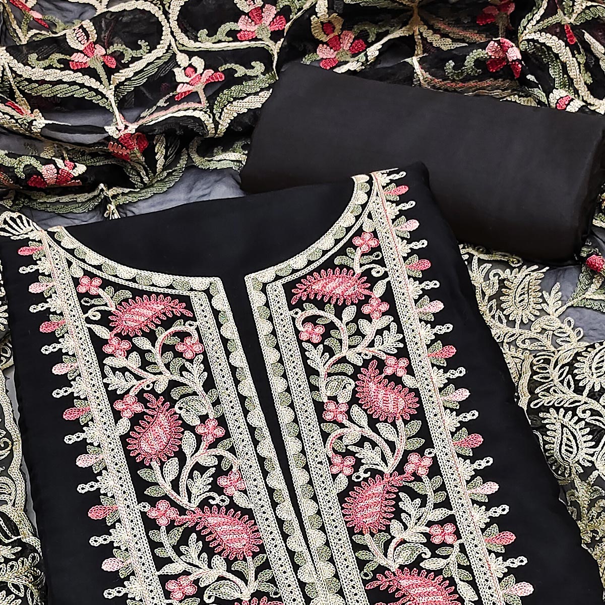Black Floral Embroidered Georgette Dress Material
