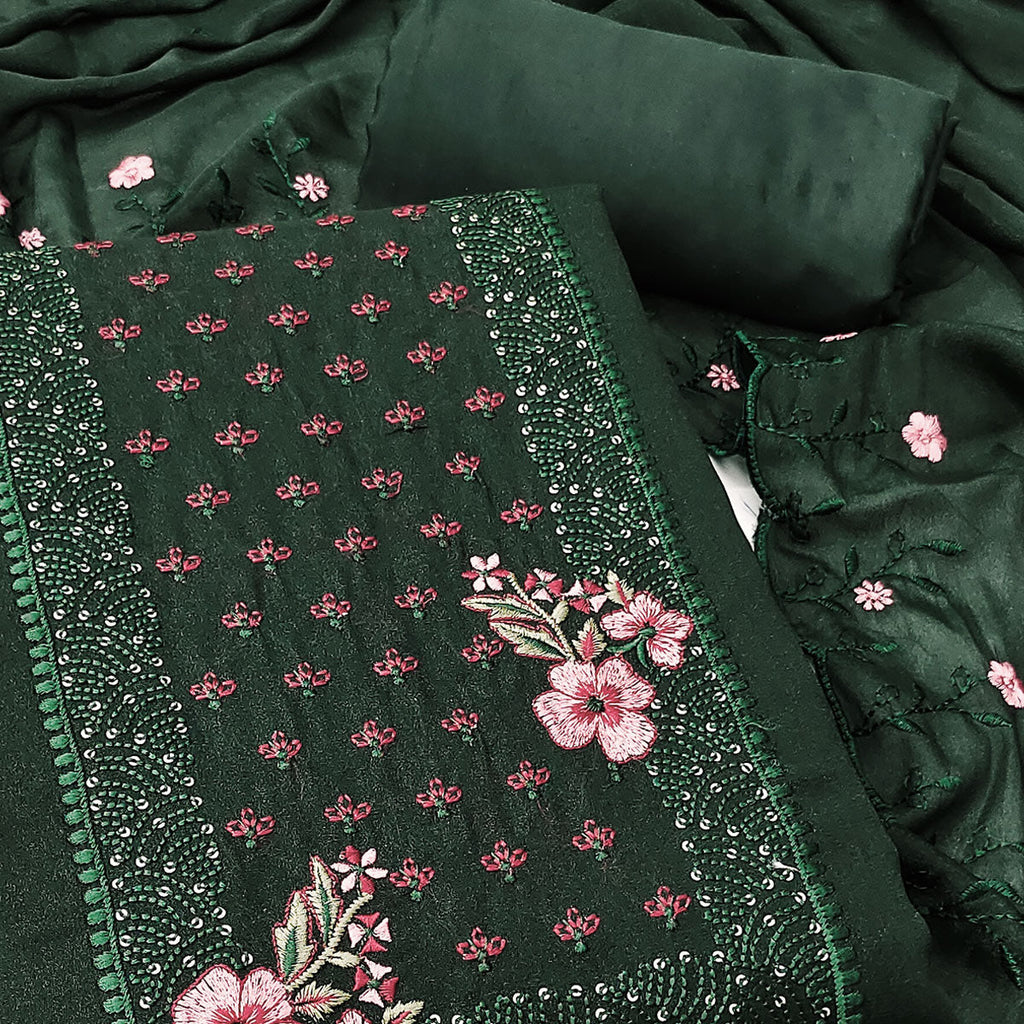 Designer Green Georgette Fabric with Intricate Floral Embroidery
