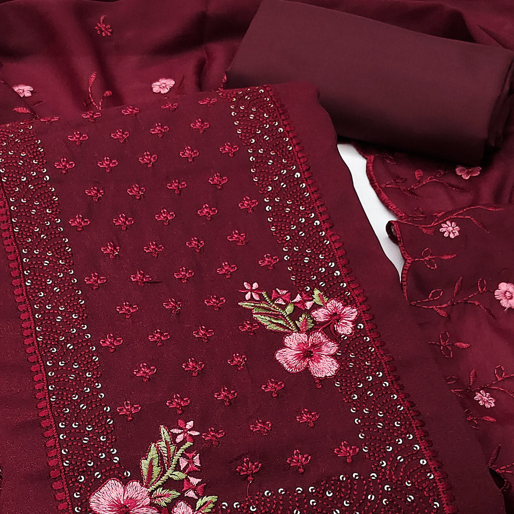 Designer Maroon Georgette Fabric with Intricate Floral Embroidery