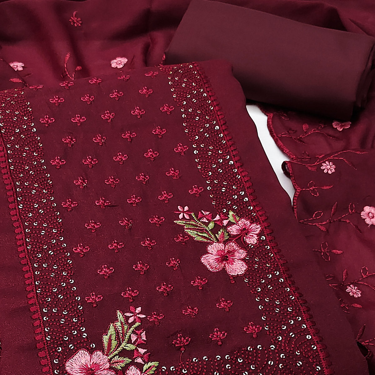 Designer Maroon Georgette Fabric with Intricate Floral Embroidery