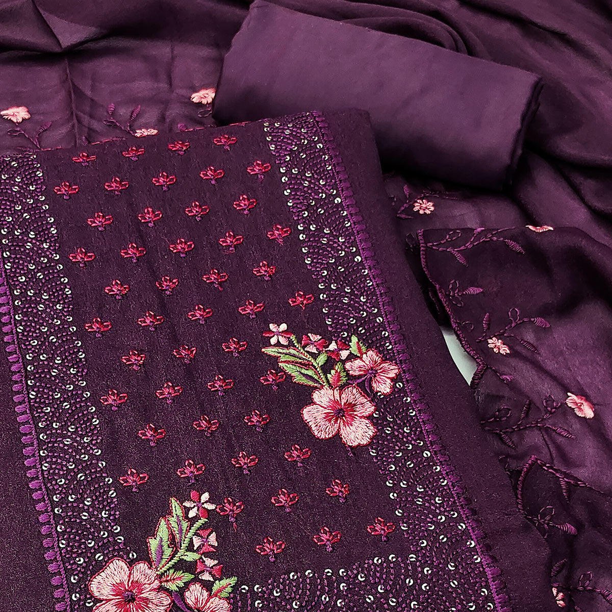Designer Purple Georgette Fabric with Intricate Floral Embroidery