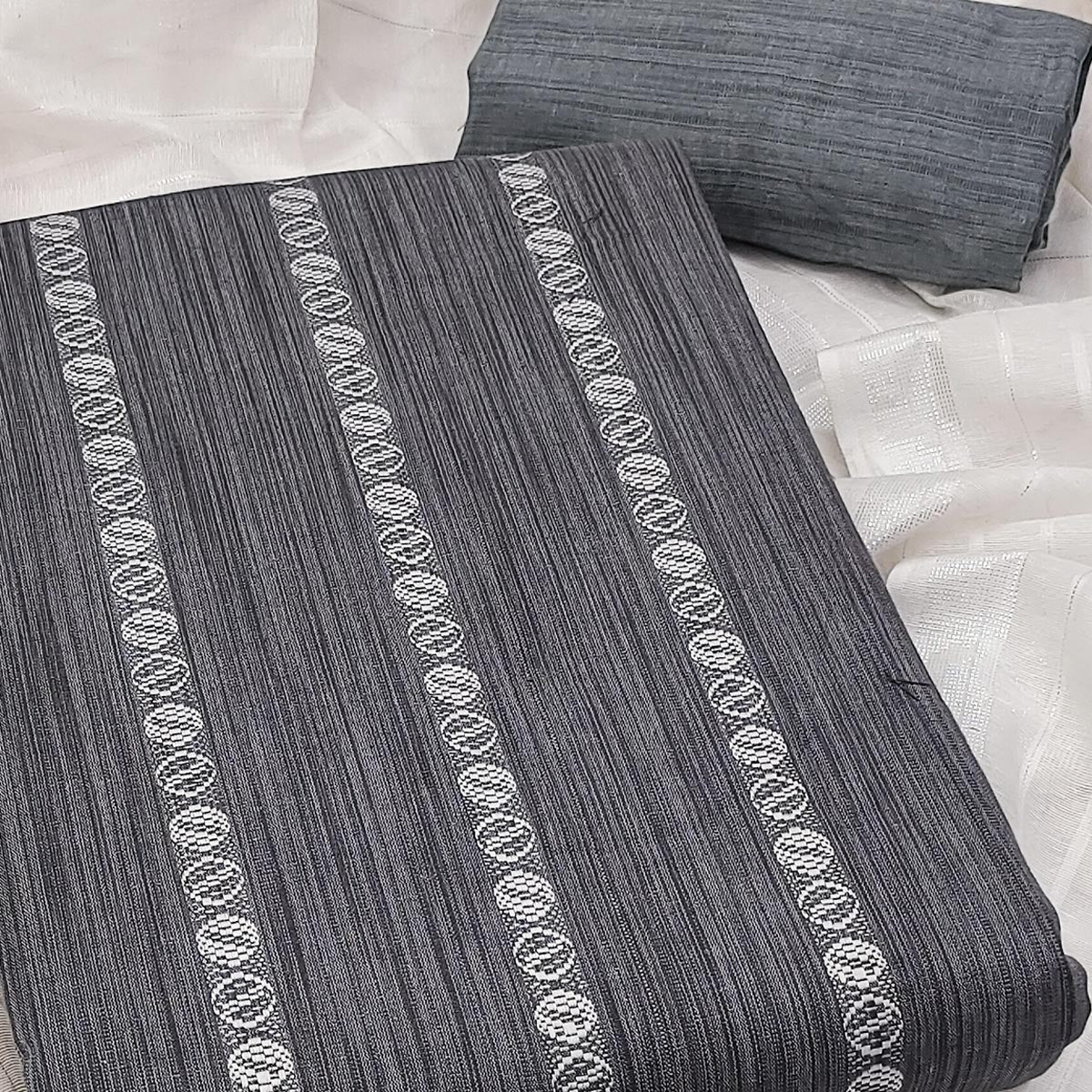 Intricate Weaving Work on Grey Pure Cotton Dress Material