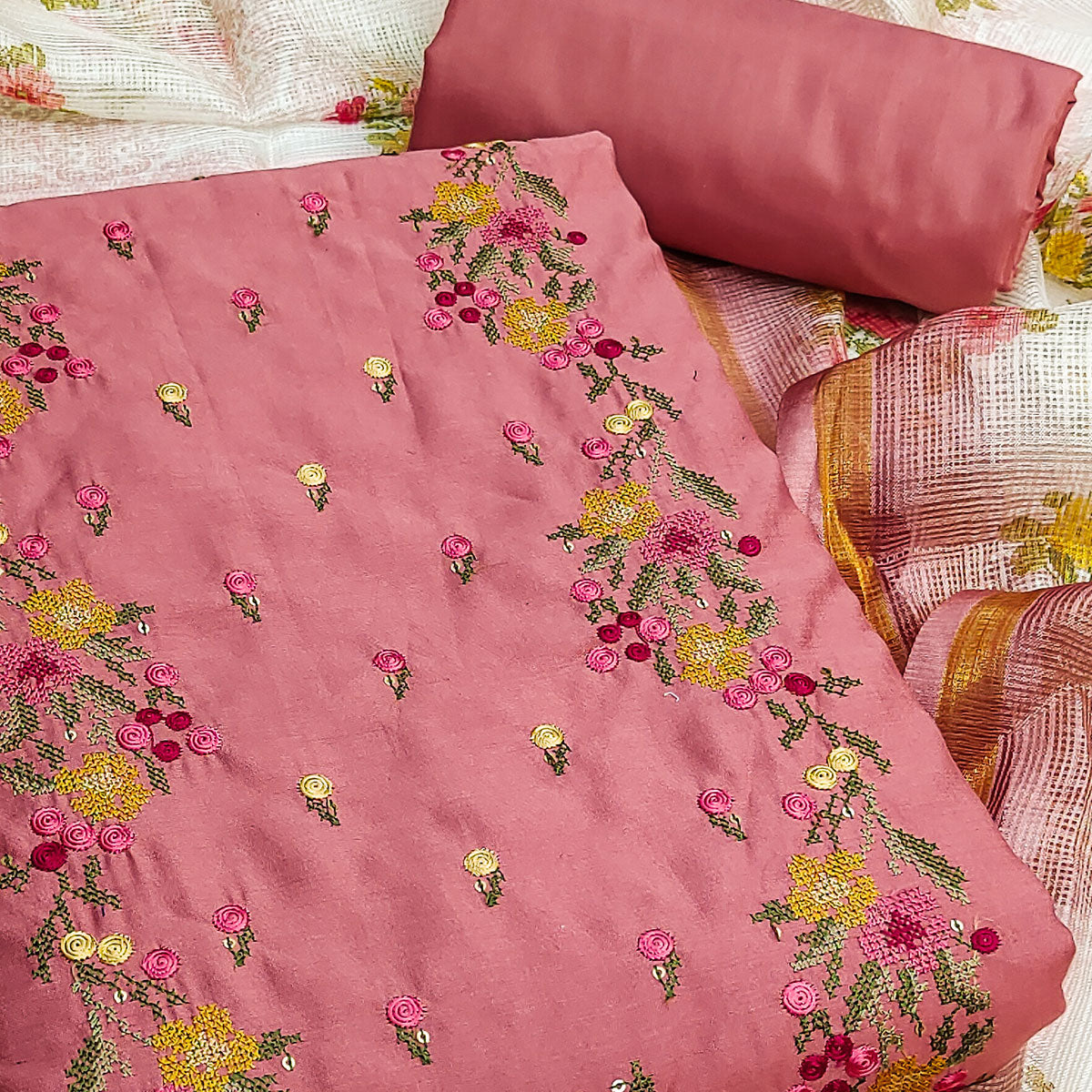 Peach Viscose Dress Material With Floral Embroidered Neckline