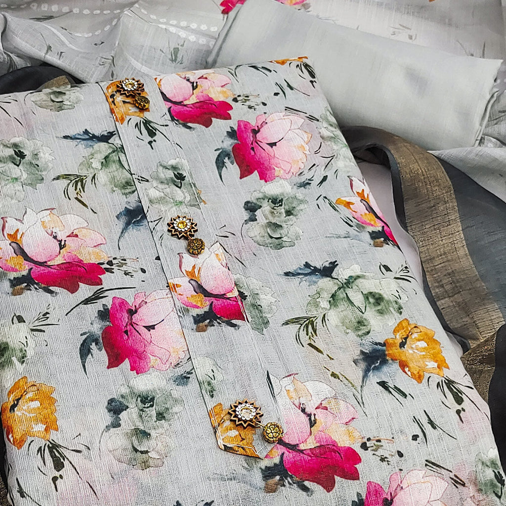 Grey Linen Dress Material With Delicate Floral Print