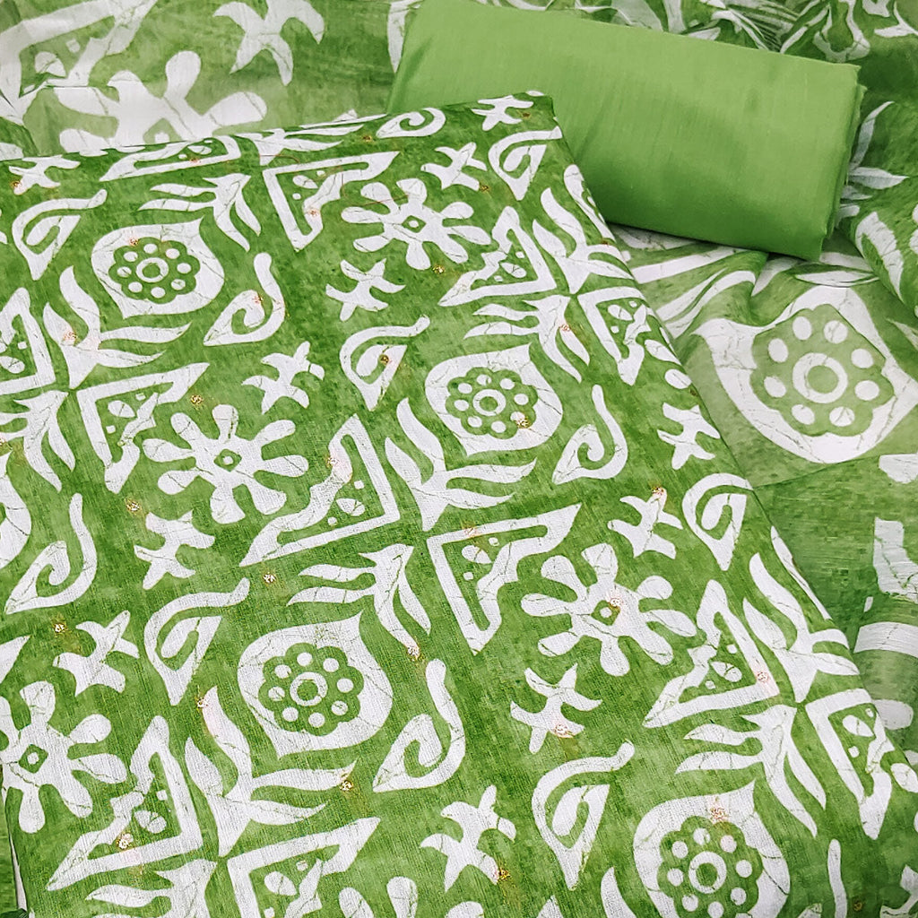 Green Traditional Batik Print on Linen Dress Material