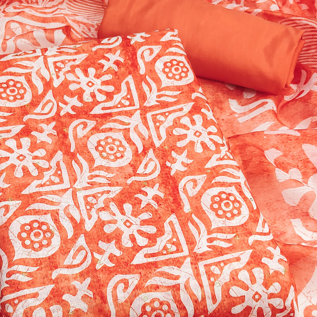 Orange Traditional Batik Print on Linen Dress Material