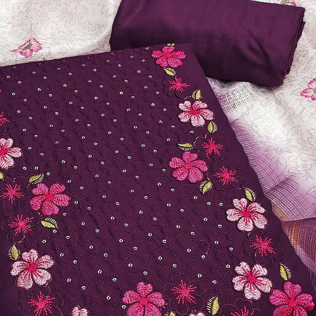 Dark Purple Delicate Floral Embroidery On Luxe Viscose Dress Material