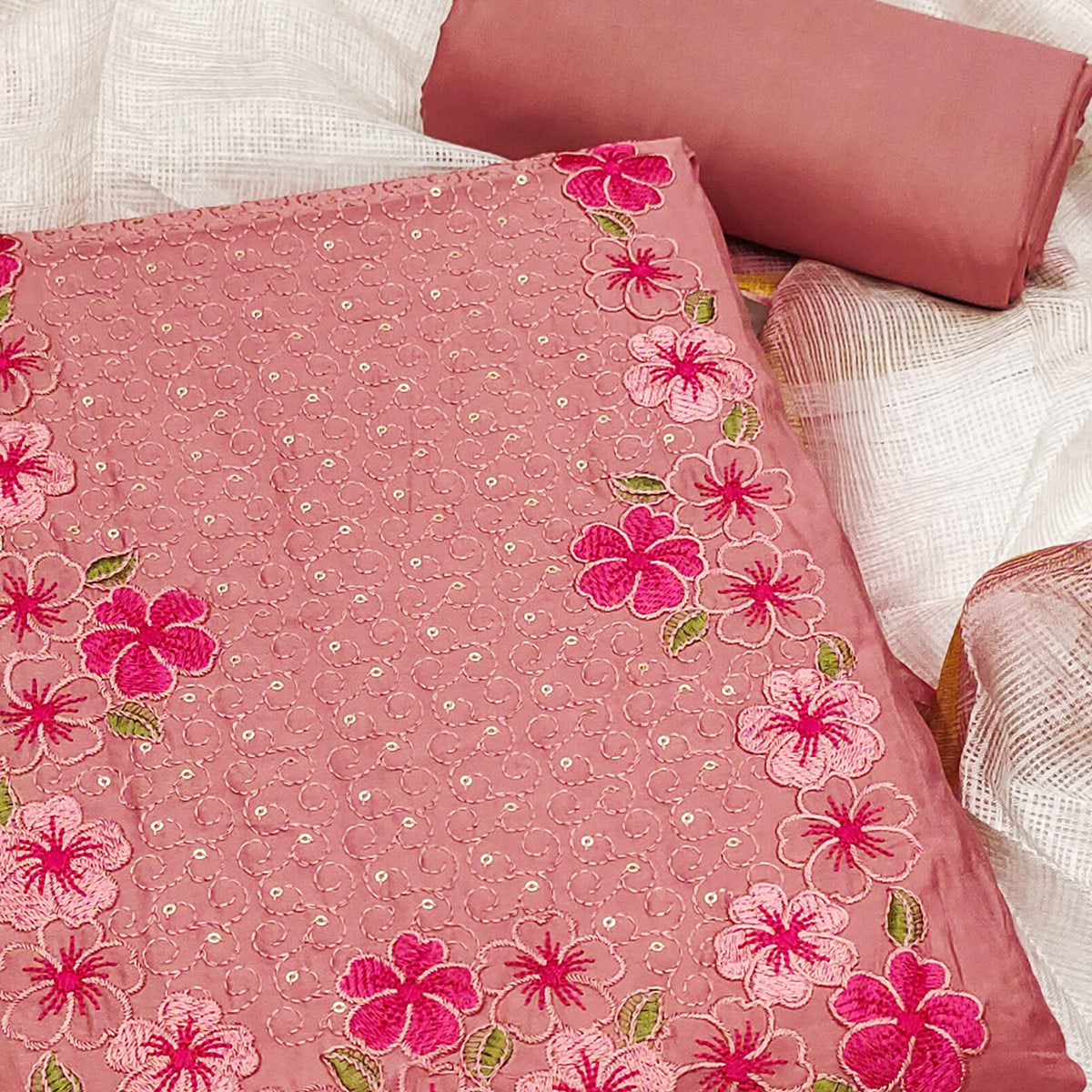 Dusty Rose Pink Delicate Floral Embroidery On Luxe Viscose Dress Material