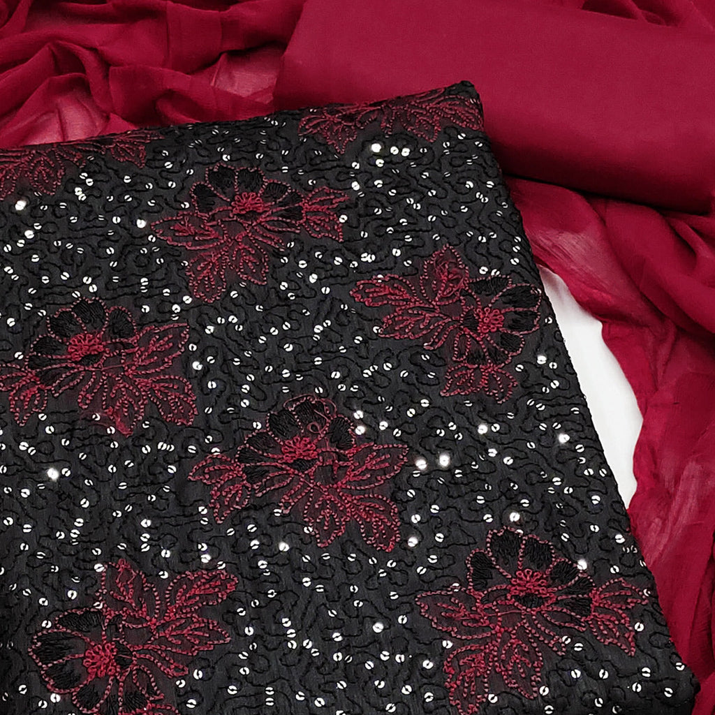 Black Silk Blend Dress Material with Sequin Embroidery