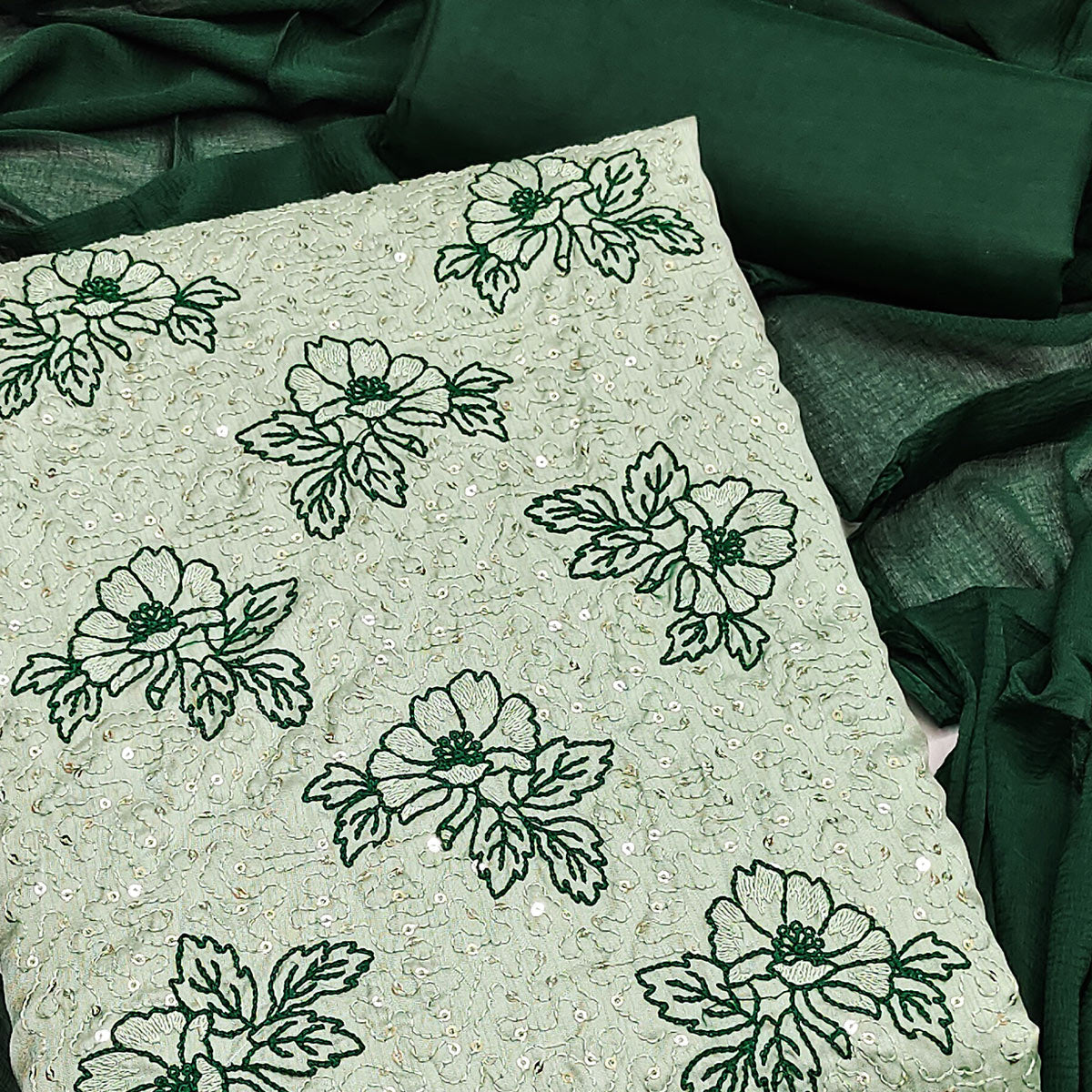 Light Green Silk Blend Dress Material with Sequin Embroidery