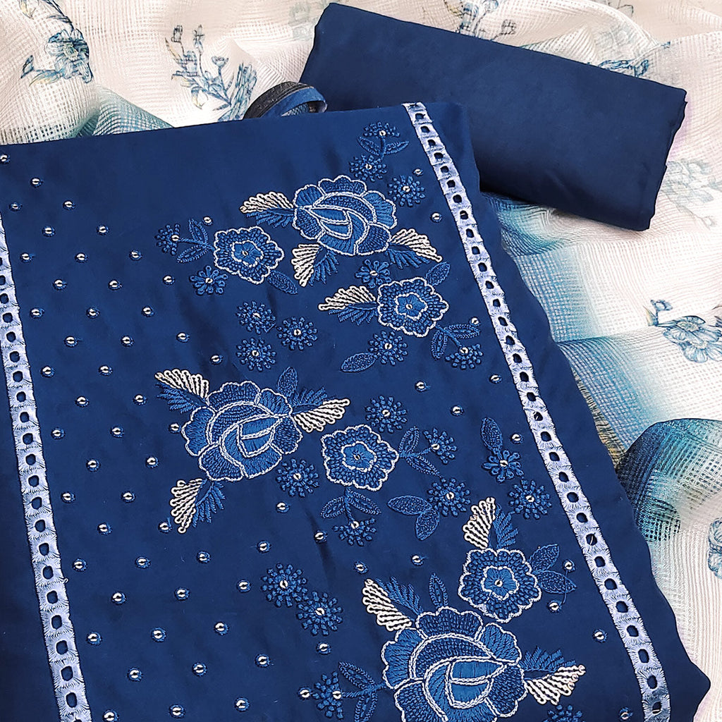 Blue Viscose Dress Material With Stunning Floral Sequin Embroidery