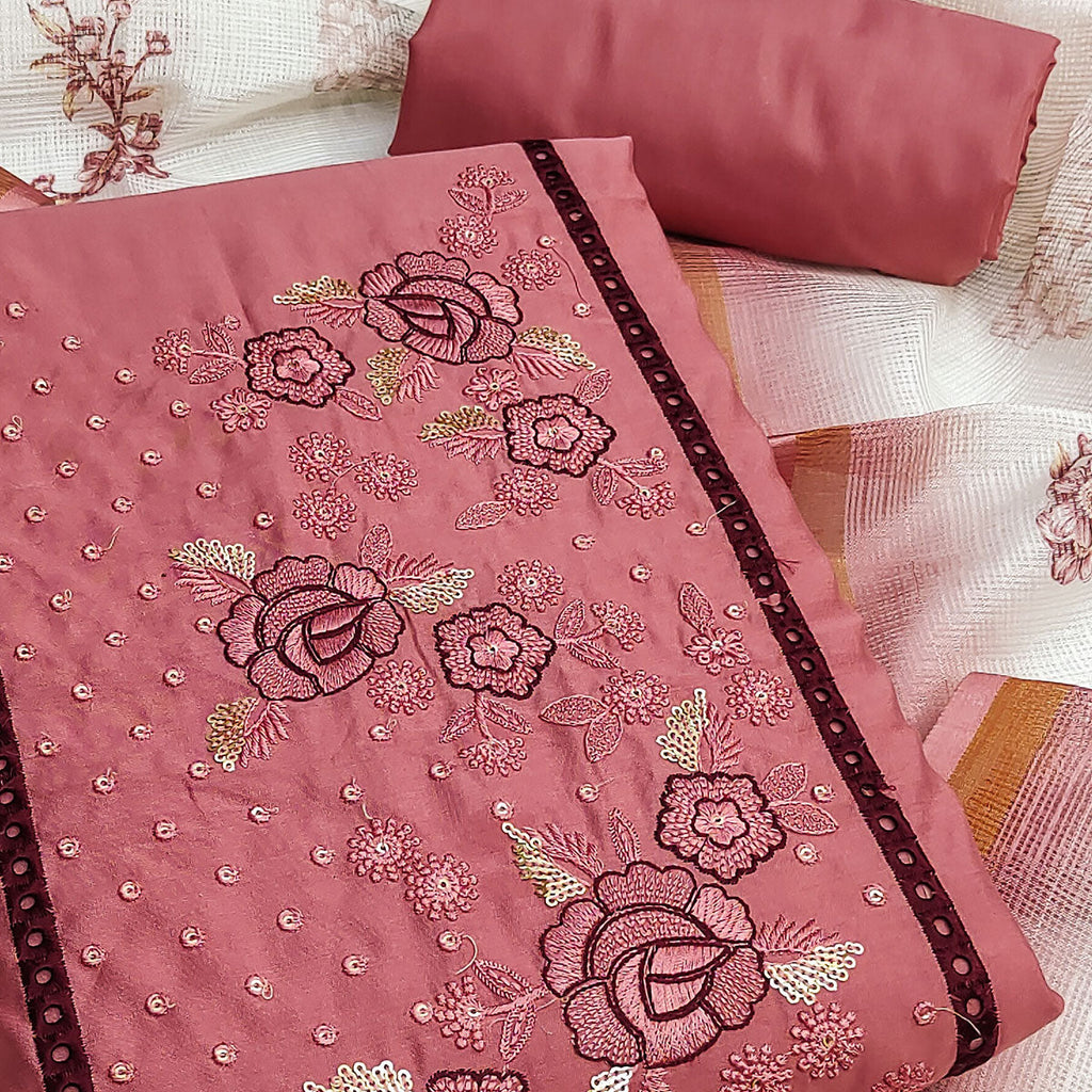 Peach Viscose Dress Material With Stunning Floral Sequin Embroidery