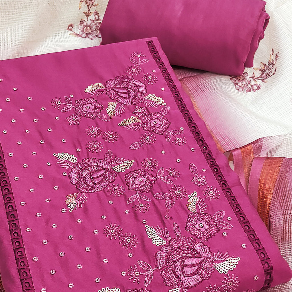Pink Viscose Dress Material With Stunning Floral Sequin Embroidery