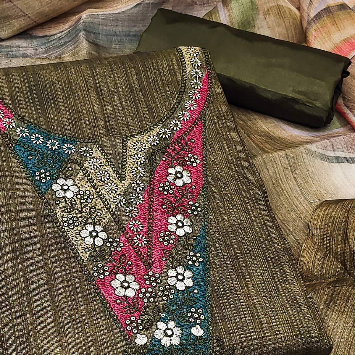 Green Art Silk Dress Material With Neck Embroidery