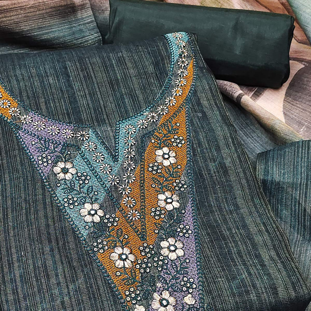 Grey Art Silk Dress Material With Neck Embroidery