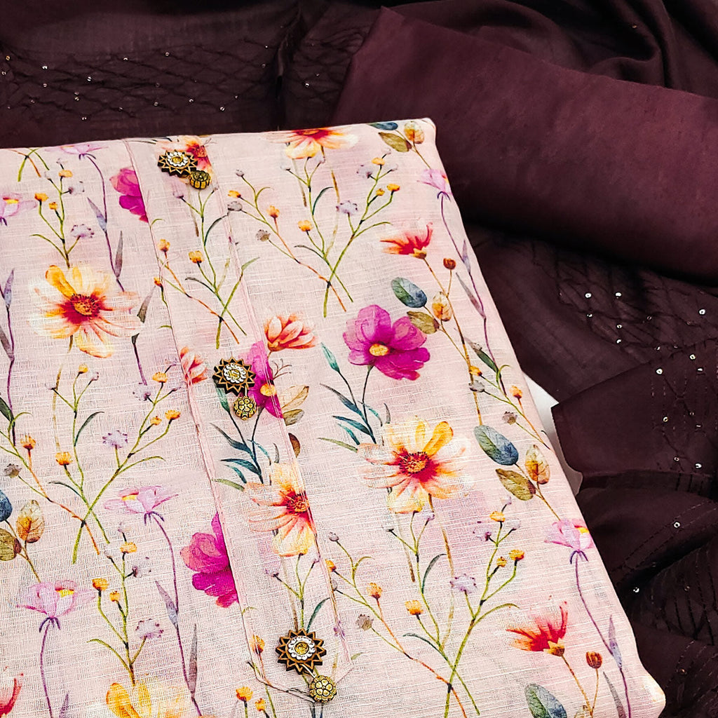 Brownish Maroon Linen Fabric with Serene Floral Patterns for Casual Looks