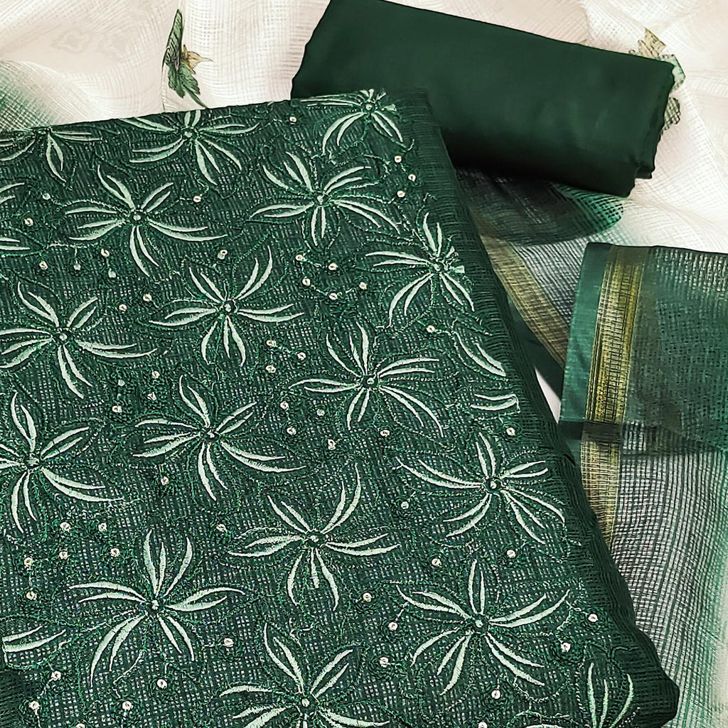 Green Unstitched Suit Material in Kota Doria with Floral Threadwork