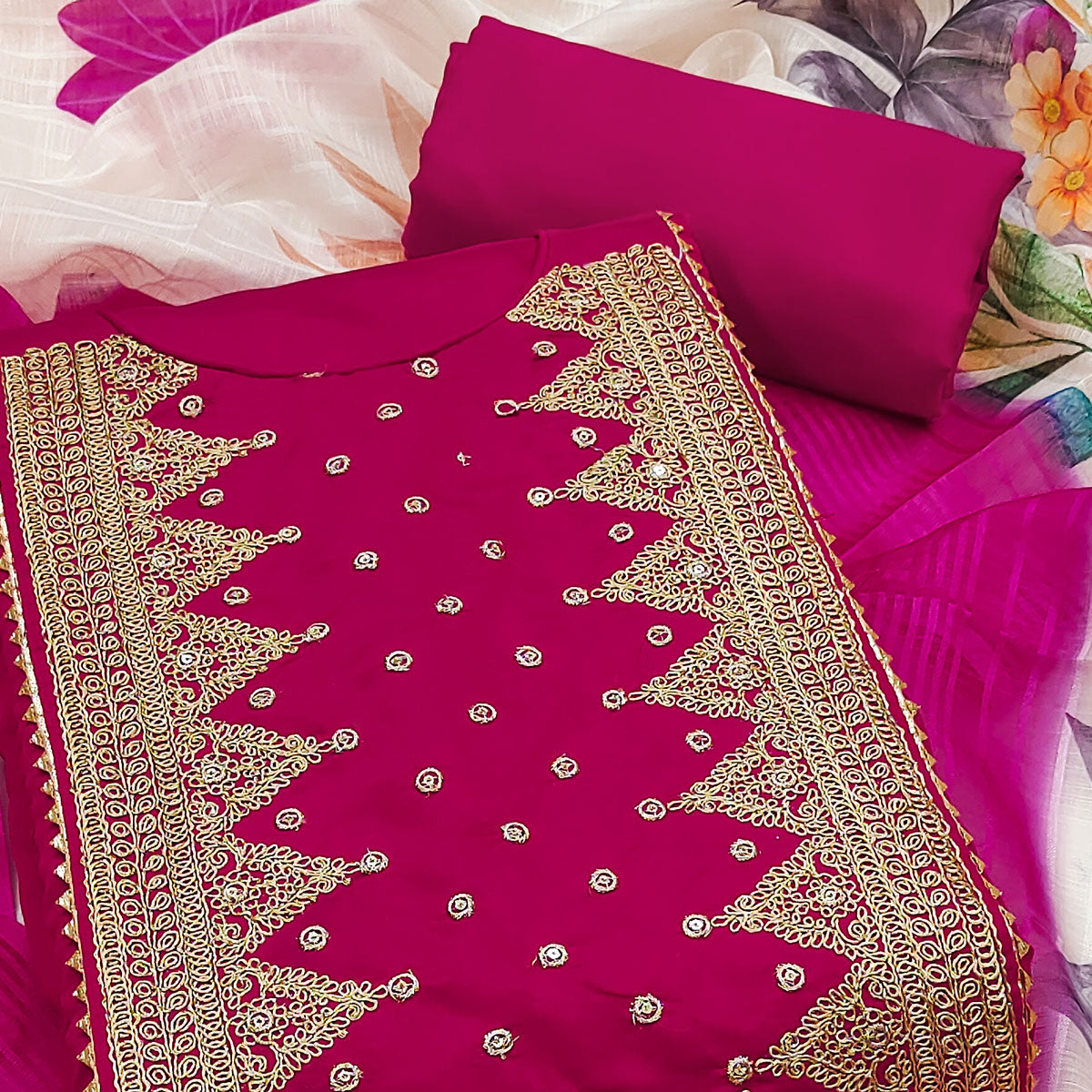 Pink Golden Thread Embroidered On Viscose Dress Material