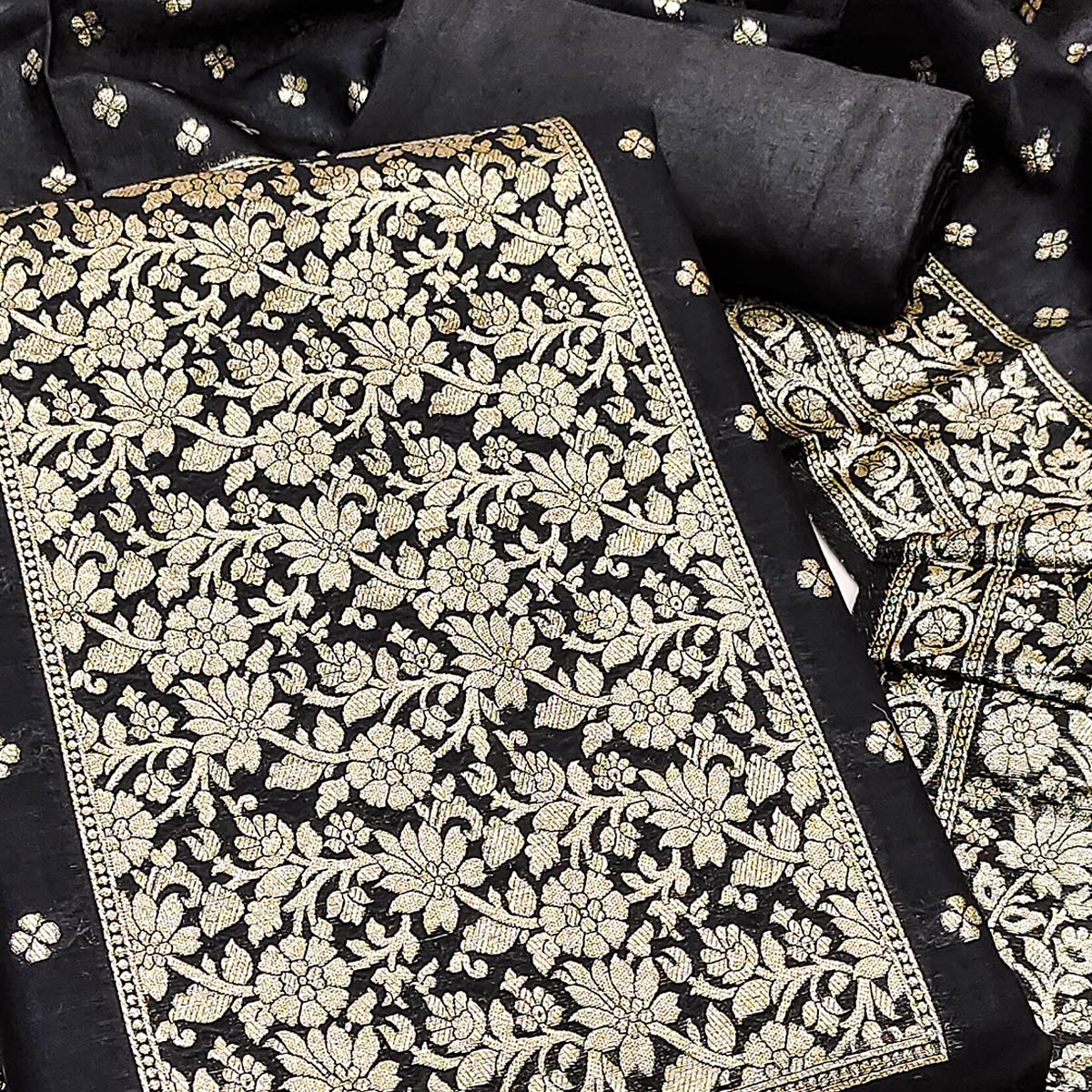 Classic Black Floral Zari Weaving Dress Material In Banarasi Silk