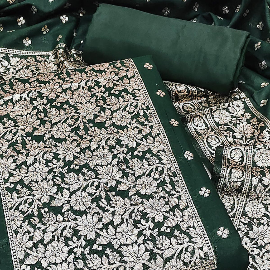 Luxurious Green Banarasi Silk With Floral Zari Weaving Work Dress Material