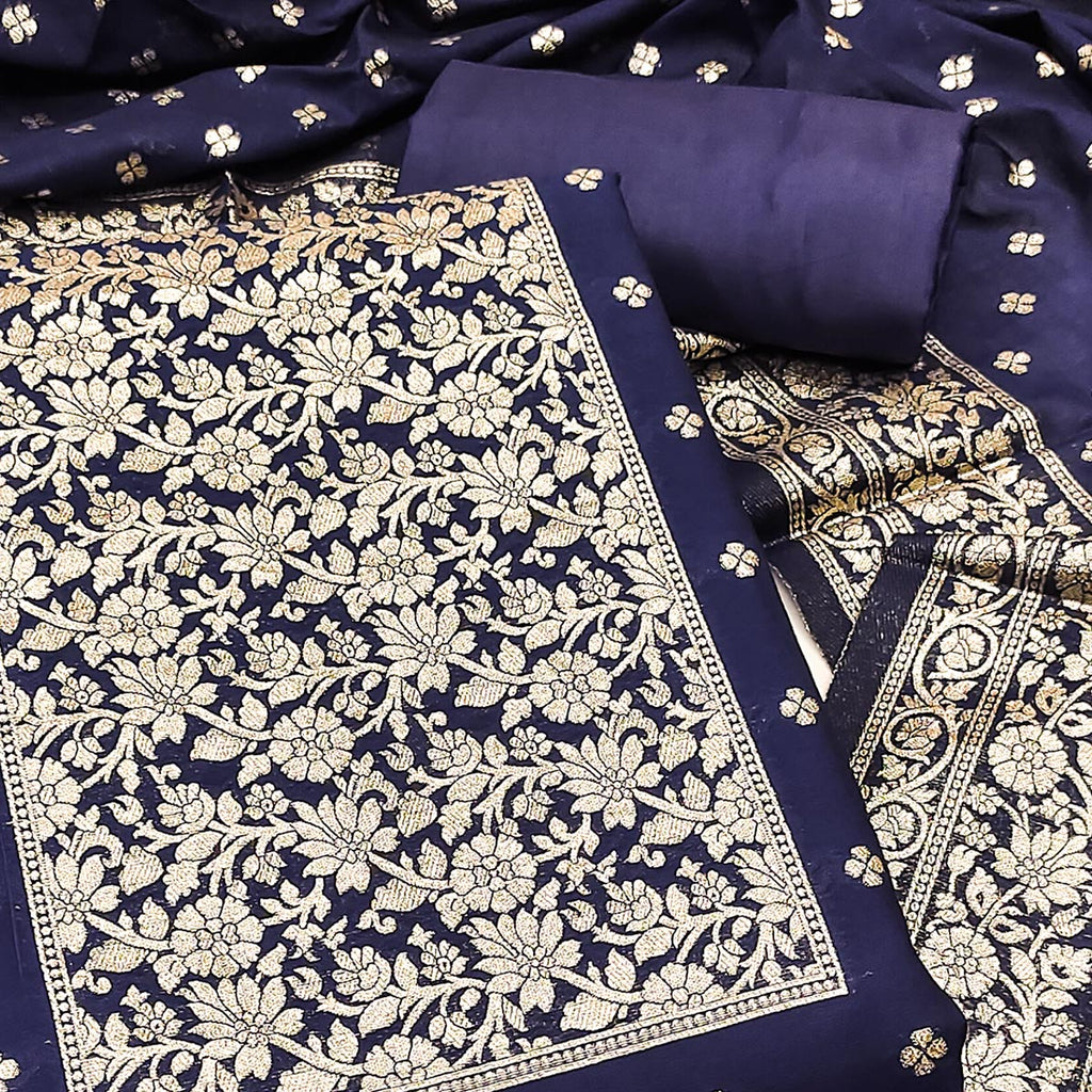 Ornate Navy Blue Banarasi Silk With Floral Zari Weaving Work Dress Material