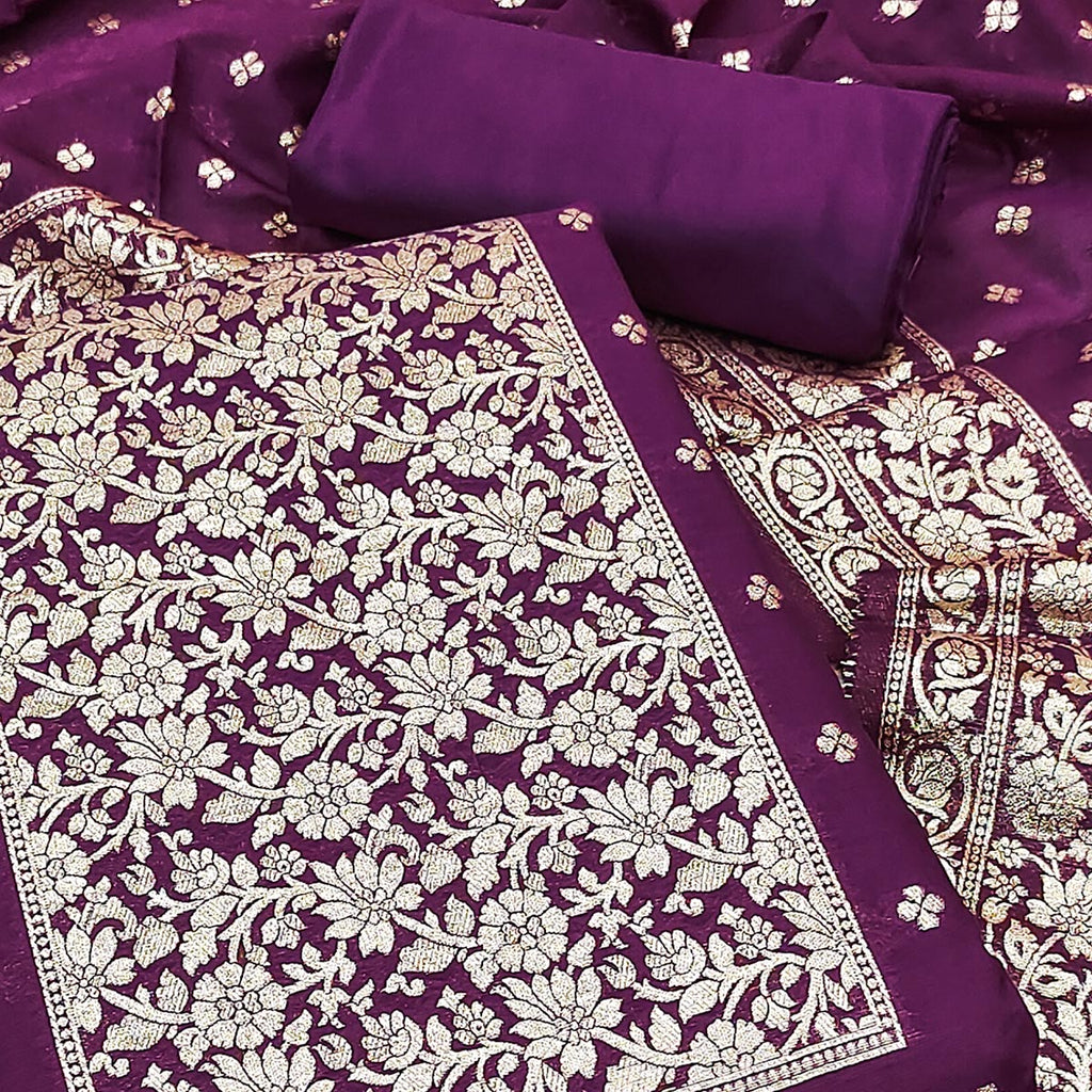 Opulent Wine Floral Zari Weaving Work Dress Material In Banarasi Silk
