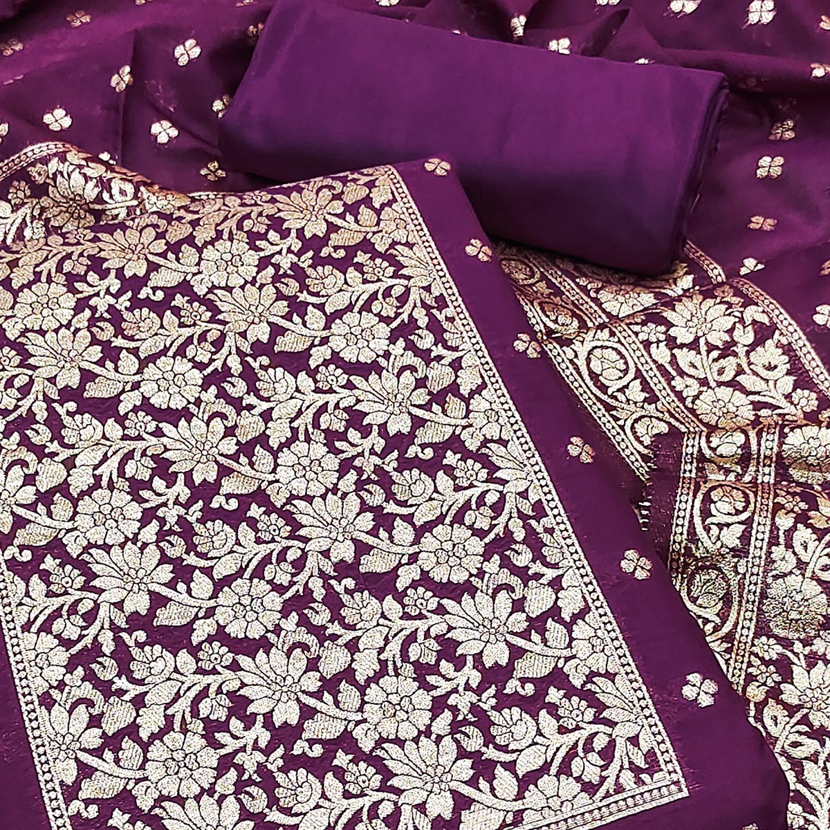 Opulent Wine Floral Zari Weaving Work Dress Material In Banarasi Silk