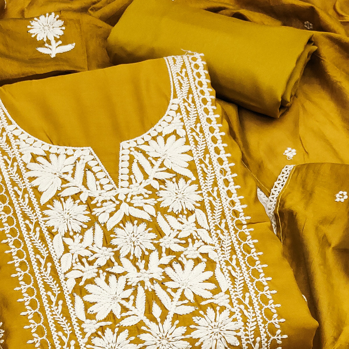 Mustard Blossom Embroidered Viscose Fabric for Effortless Style