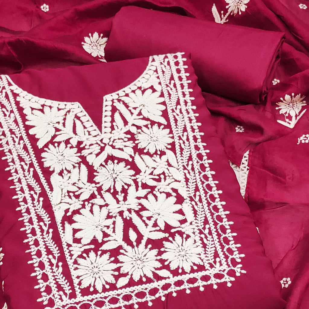 Pink Blossom Embroidered Viscose Fabric for Effortless Style