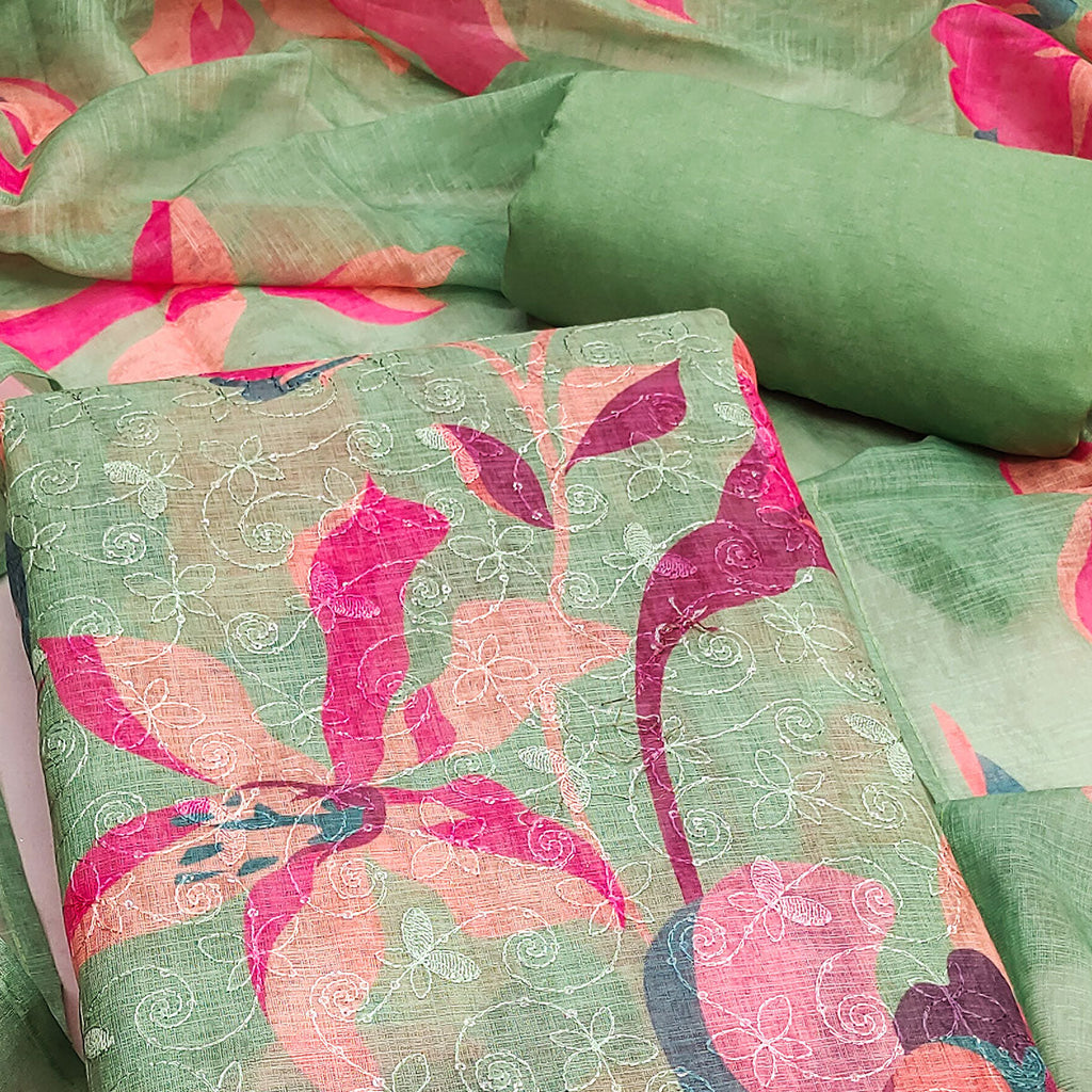 Green Linen Dress Material Adorned with Artistic Floral Print and Elegant Thread Embroidery