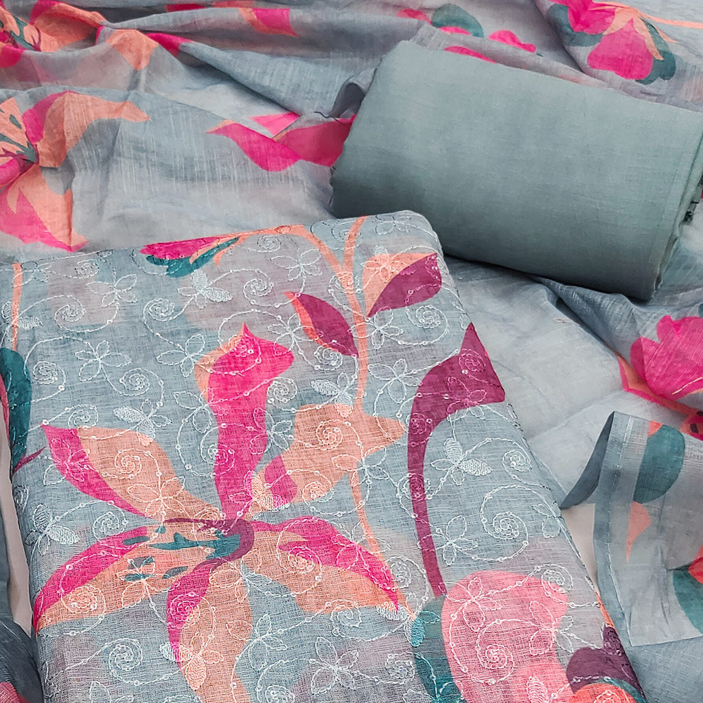 Grey Linen Dress Material Adorned with Artistic Floral Print and Elegant Thread Embroidery