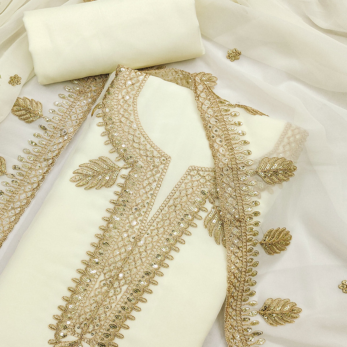 Off White Ethnic Dress Material in Georgette with Embroidery