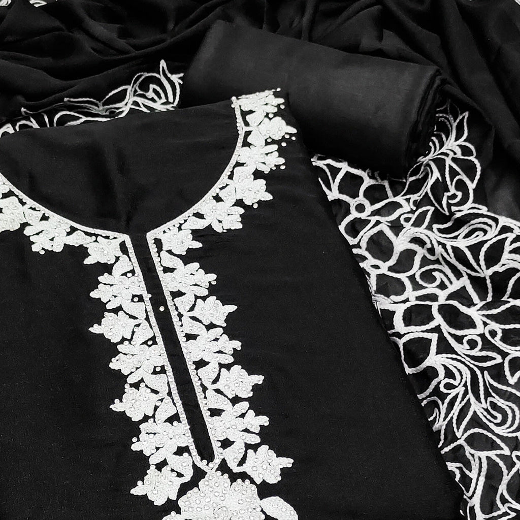 Black Unstitched Georgette Dress Material Featuring Thread Detailing