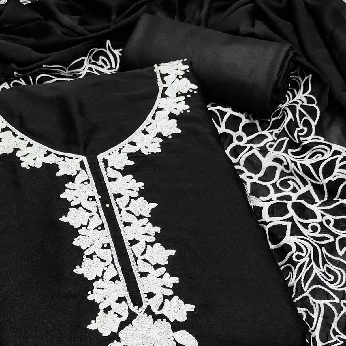 Black Unstitched Georgette Dress Material Featuring Thread Detailing