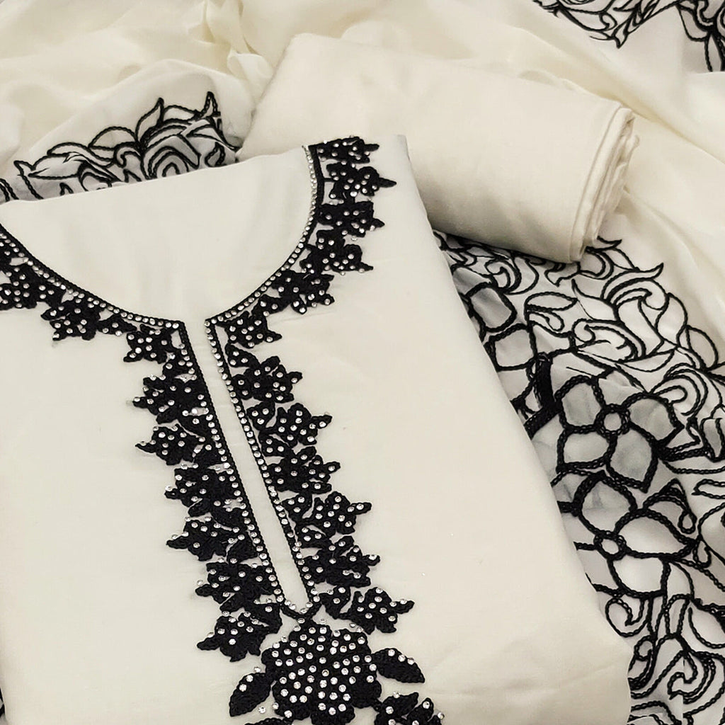 Off White Unstitched Georgette Dress Material Featuring Thread Detailing