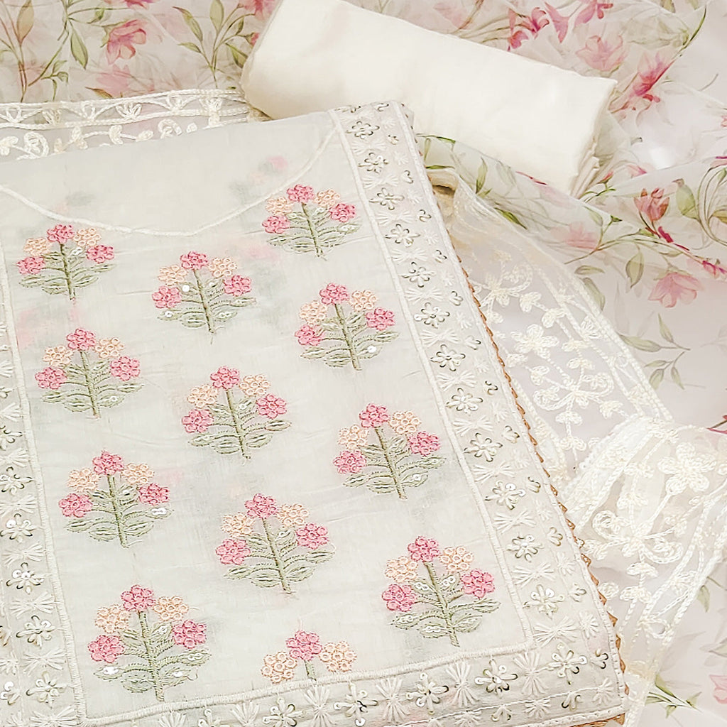 Off white Floral Heavy Embroidered Chanderi Silk Dress Material