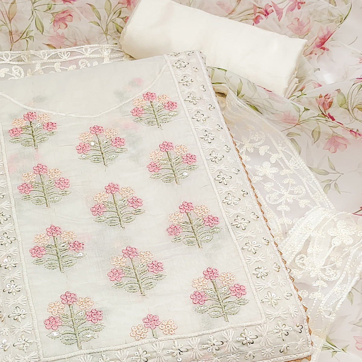 Off white Floral Heavy Embroidered Chanderi Silk Dress Material