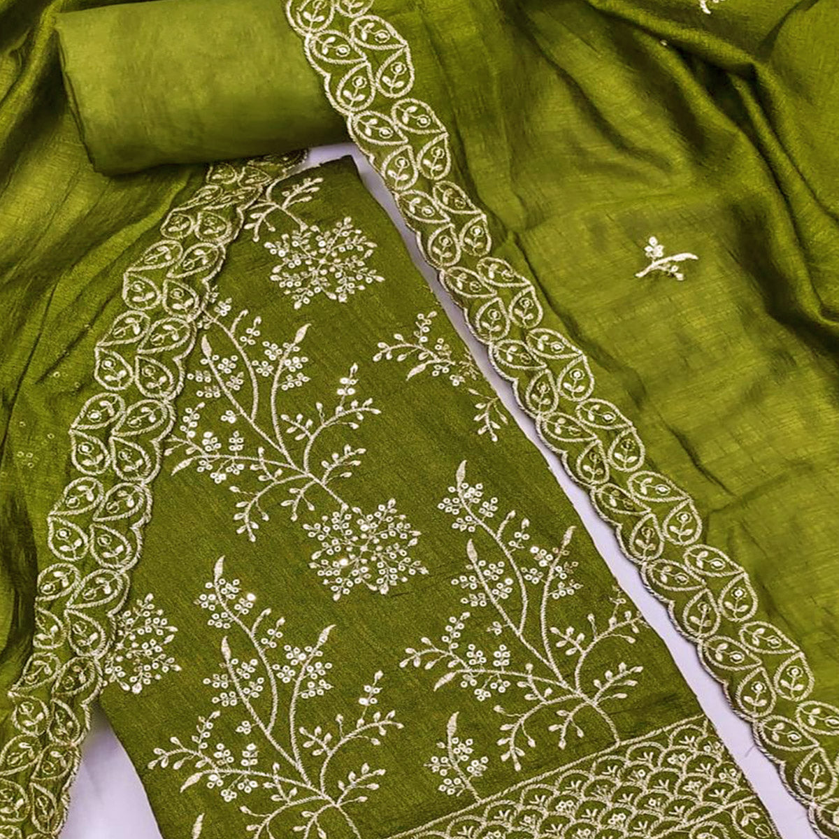 Green Vichitra Silk Dress Material with Sequins Embroidery