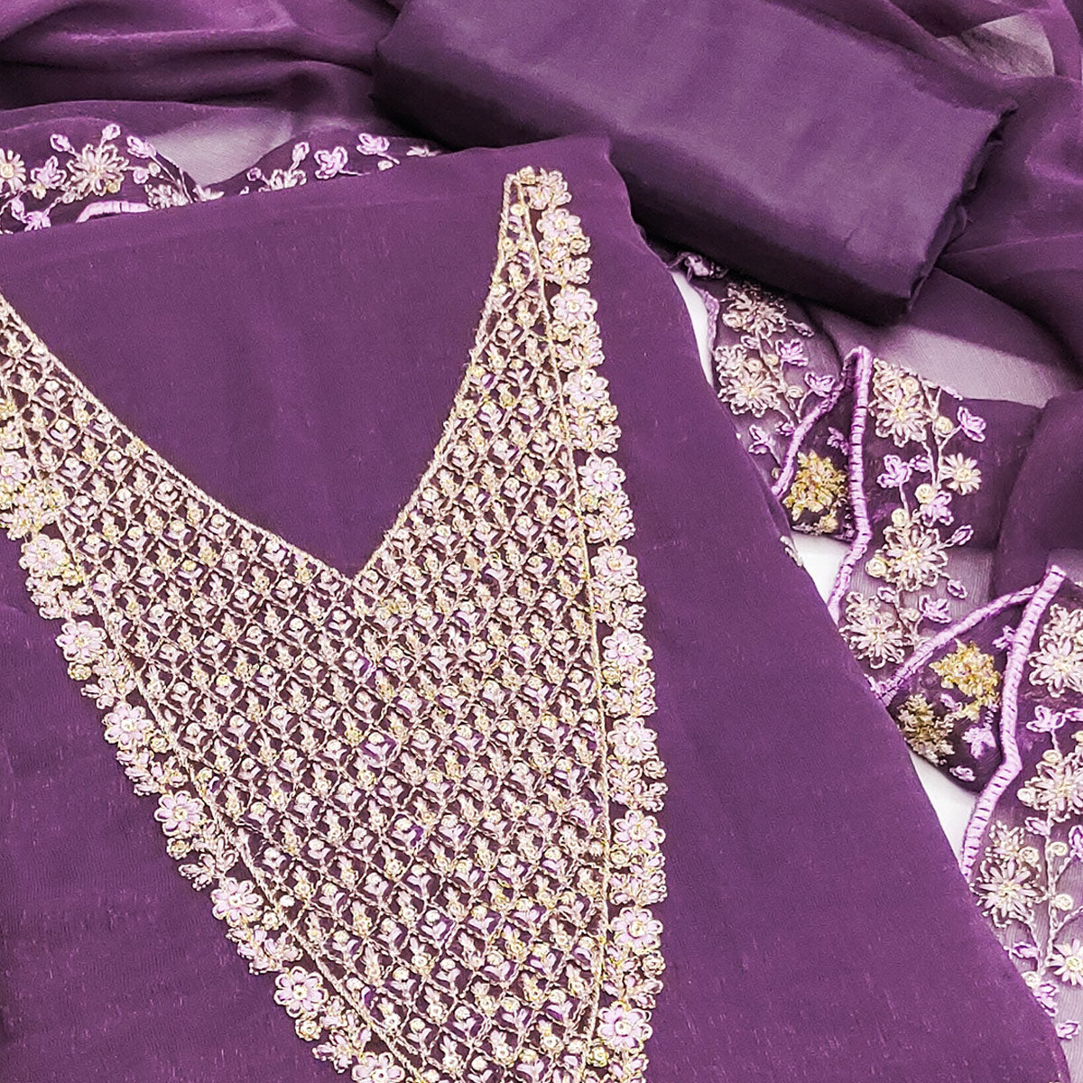 Lavender Party Wear Shimmer Dress Material with Floral Embellishment