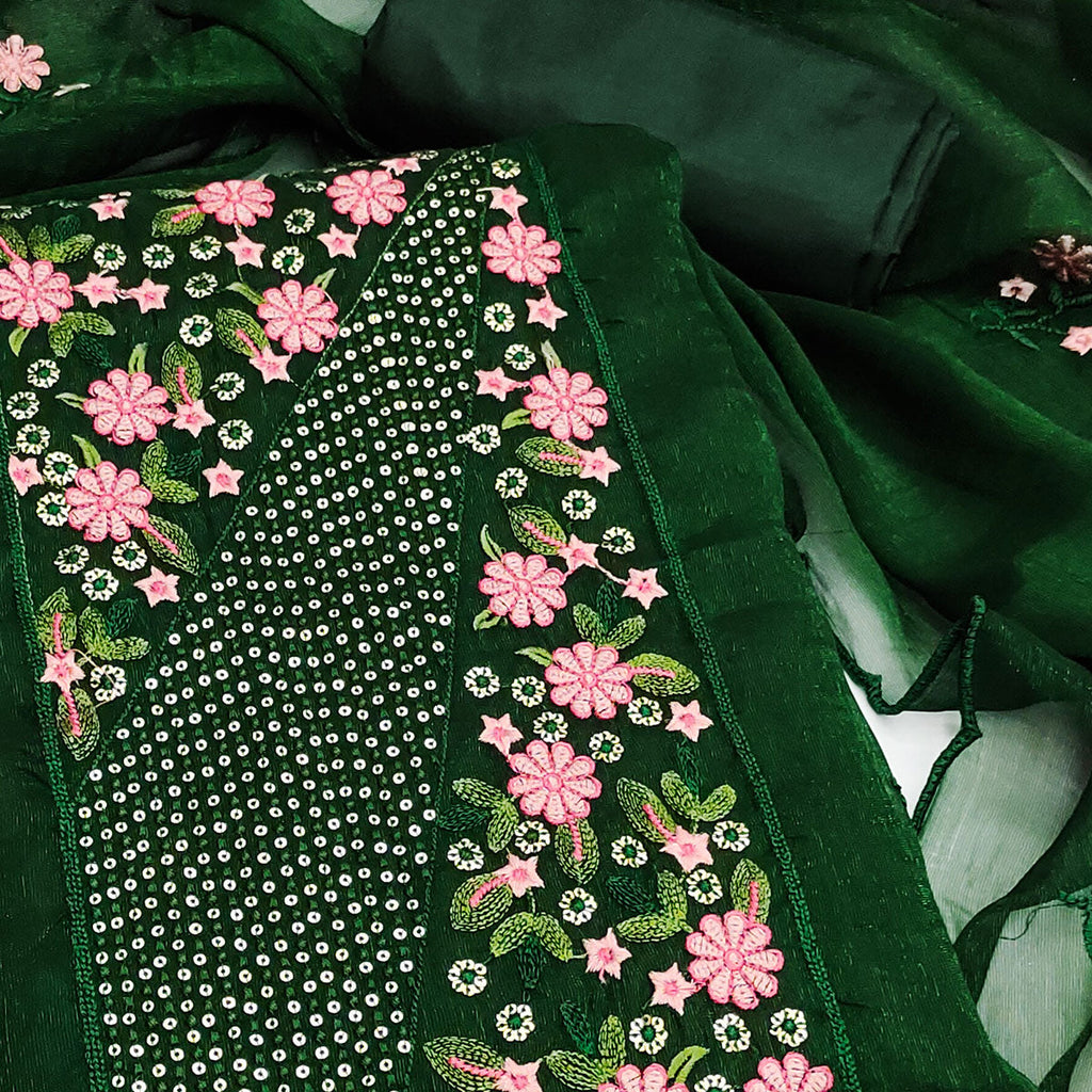 Green Unstitched Shimmer Dress Material with Stylish Floral Embellishment