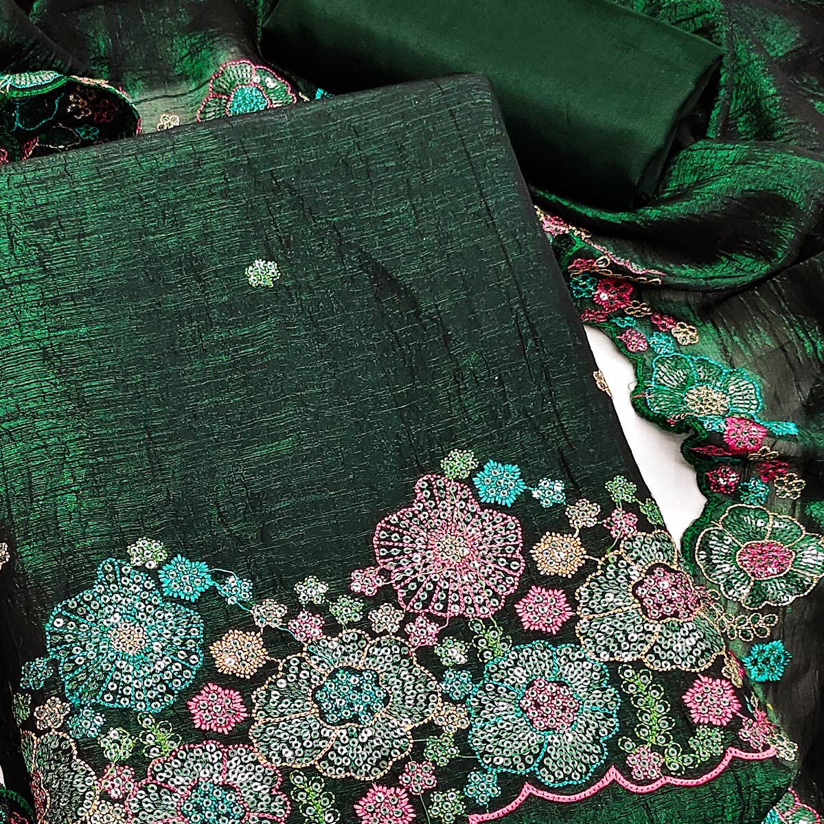 Festive Unstitched Green Cotton Blend Dress Material with Floral Embroidery