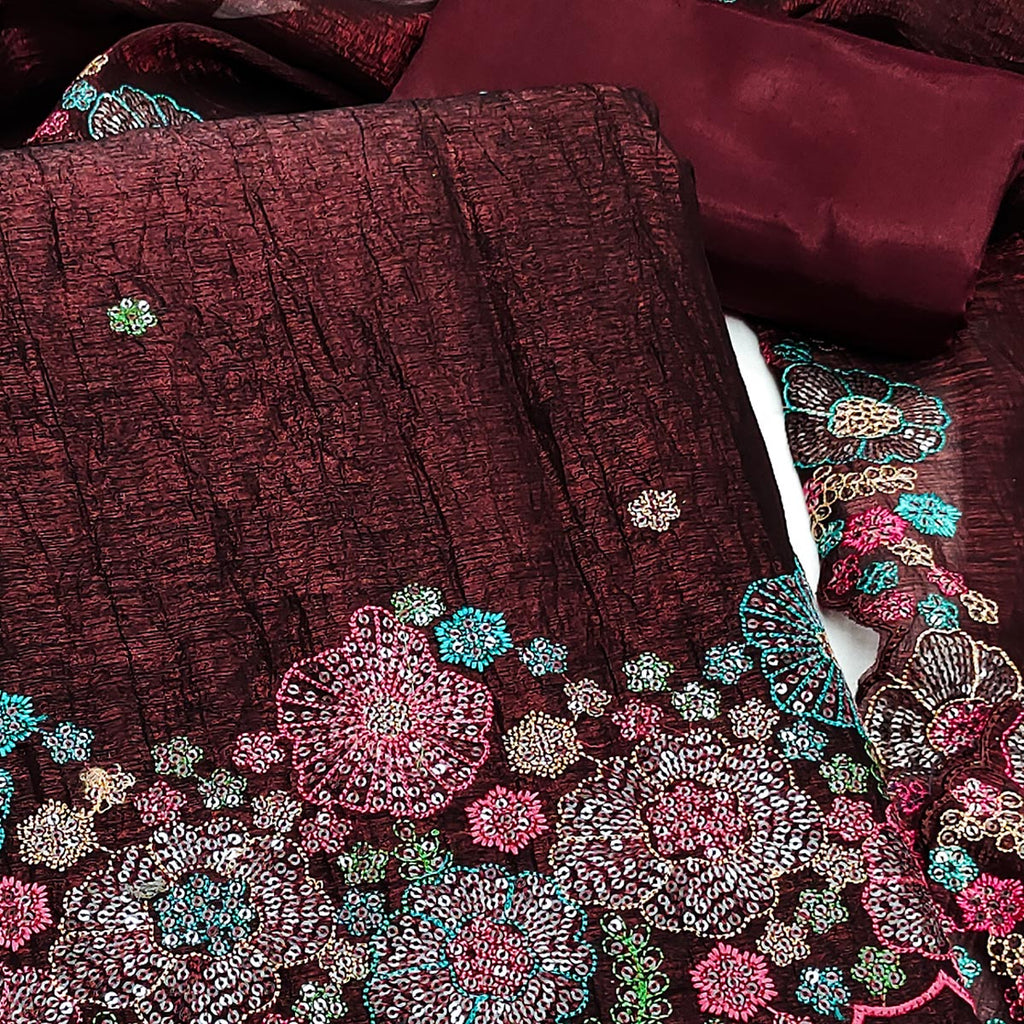 Festive Unstitched Wine Cotton Blend Dress Material with Floral Embroidery