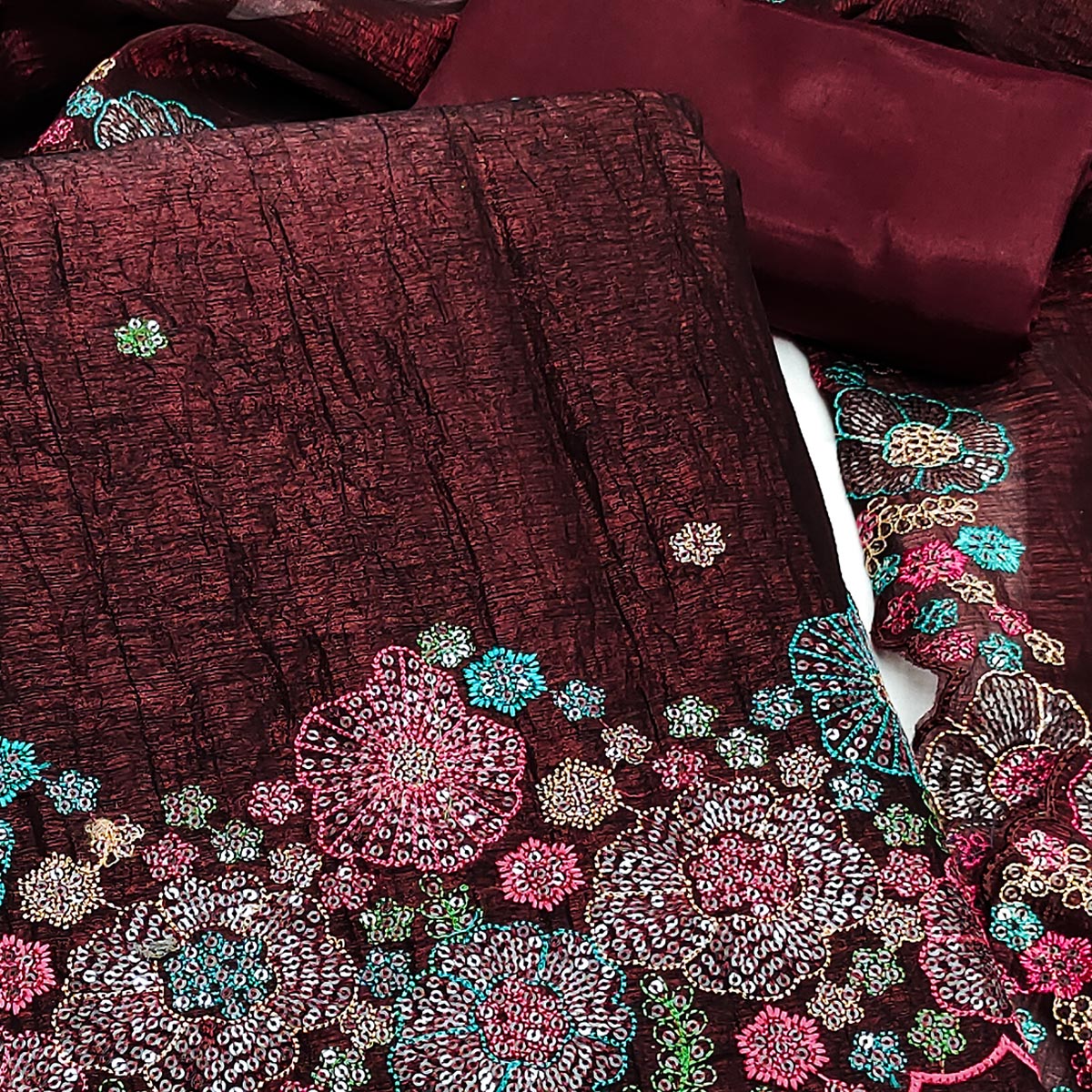 Festive Unstitched Wine Cotton Blend Dress Material with Floral Embroidery