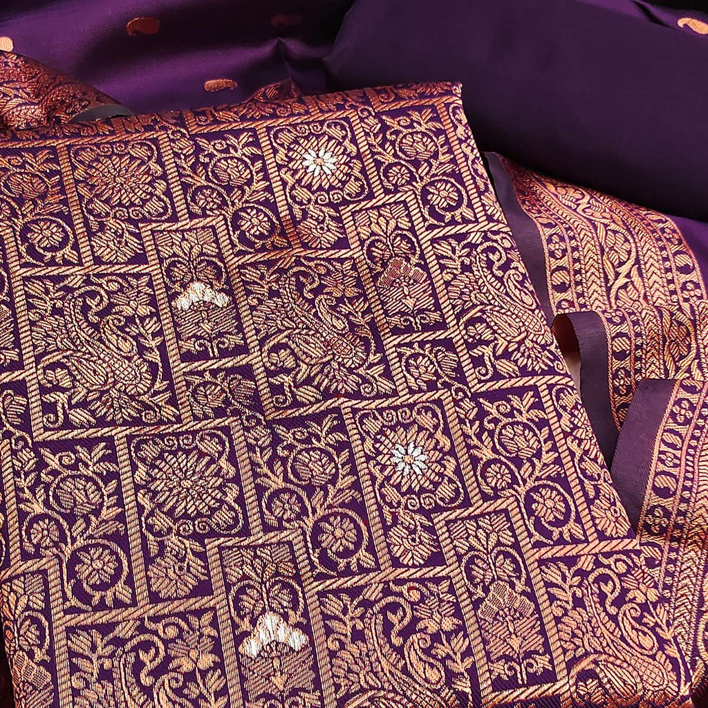 Dark Purple Banarasi Silk Dress Material With Heavy Zari Weaving
