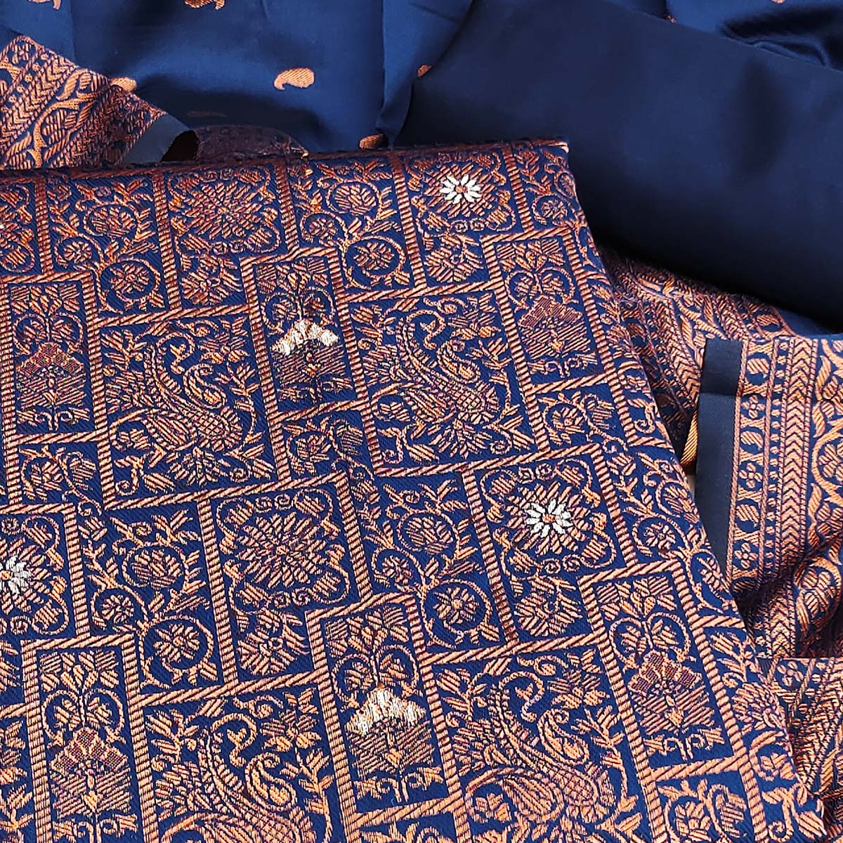 Navy Blue Banarasi Silk Dress Material with Heavy Zari Weaving
