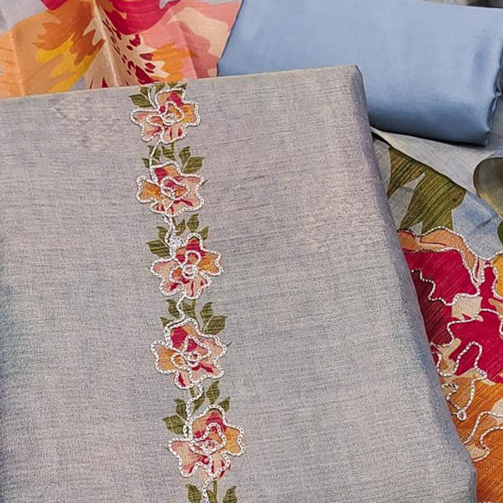 Grey Silk Blend Dress Material With Floral Print Accents & Delicate Thread Embroidery