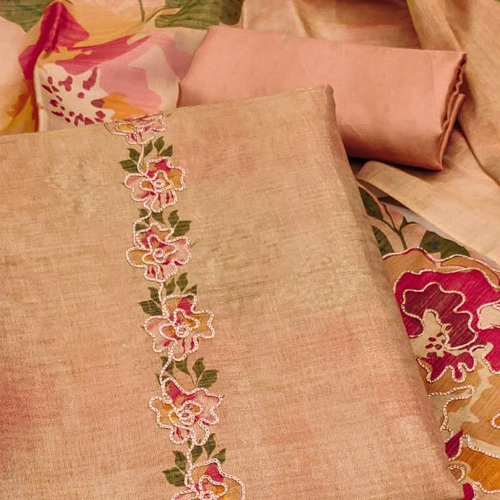 Peach Silk Blend Dress Material With Floral Print Accents & Delicate Thread Embroidery